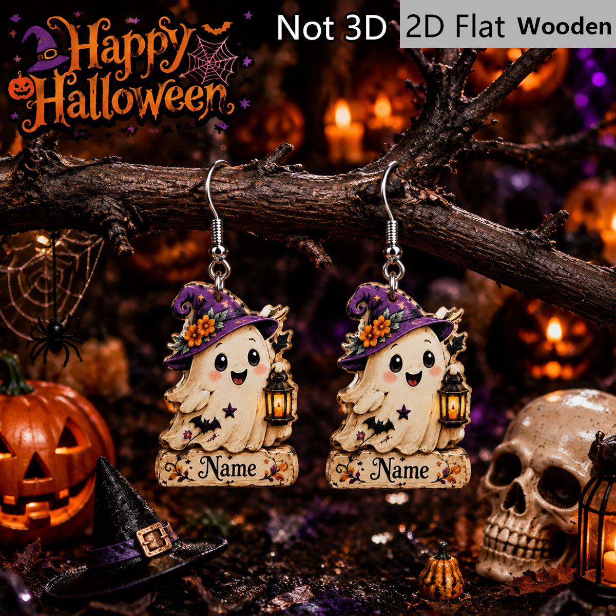 Wholesale Wooden  Earrings Purple Witch Hat Lantern Ghost Painted Retro Party Jewelry Accessory