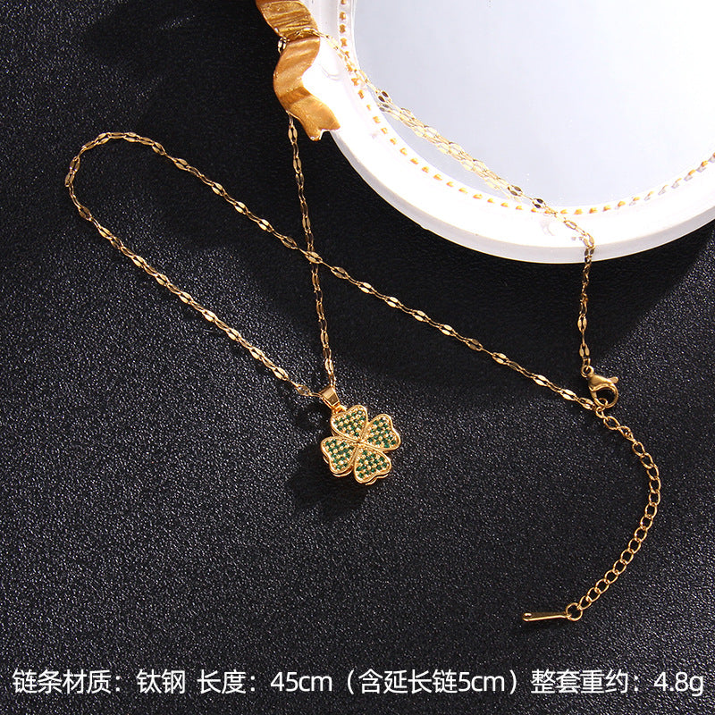 Wholesale Zircon Rotating Four Leaf Clover Flower Pendant Titanium Steel Necklace ACC-NE-Rongc006