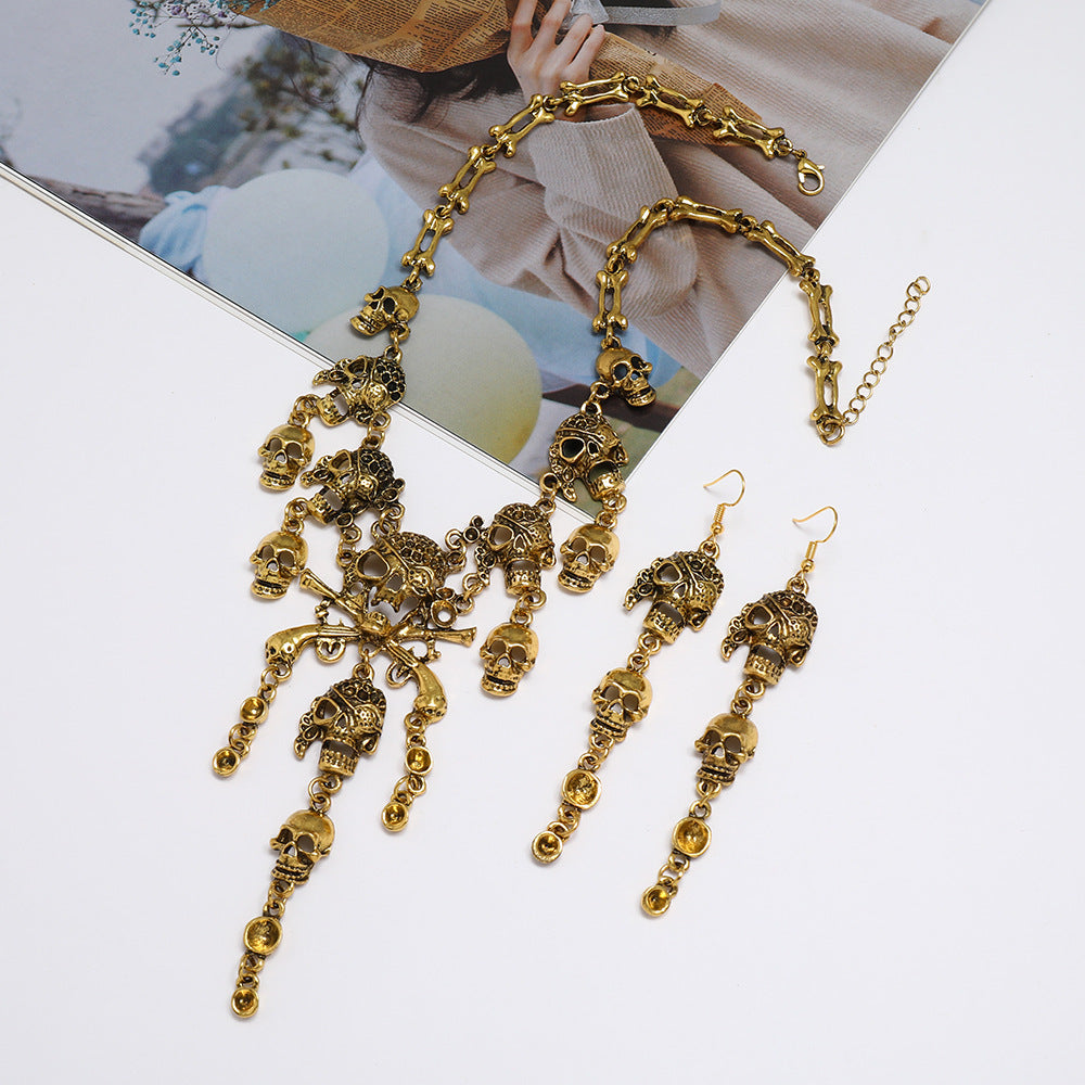 Wholesale  Skull Pirate Fringe Jewelry Set - Ancient Silver Alloy Earrings and Necklace,  Fashion Accessory for Boutique Resale