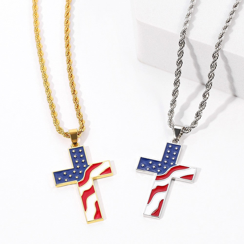 Wholesale Independence Day American Flag Cross Gold Plated Alloy Necklaces ACC-NE-Aya002