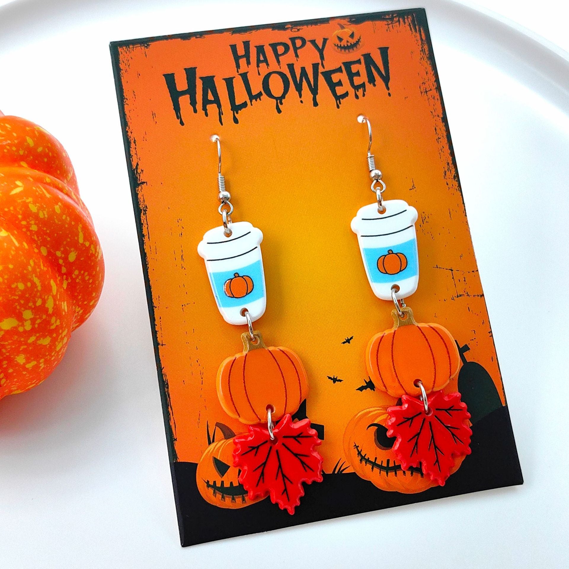 Wholesale Halloween Cartoon Funny Acrylic Double-sided Pumpkin Print Earrings ACC-ES-XiZhao023