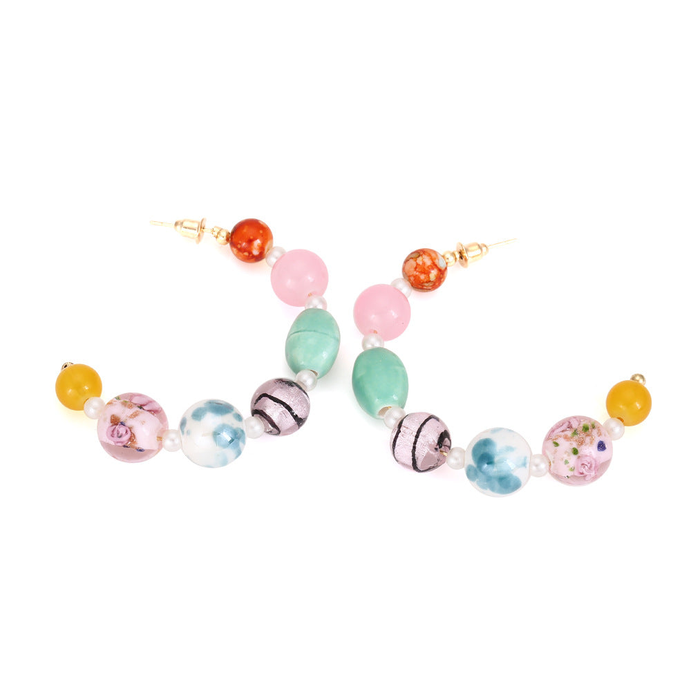 Wholesale Bohemian Beaded Candy Colored Glass Bead C-shaped Earrings