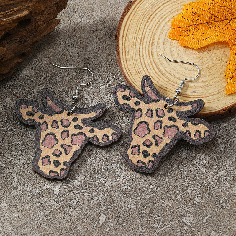Wholesale Western Wind Cow Head Cow Pattern Leopard Pattern Sunflower Wooden Earrings