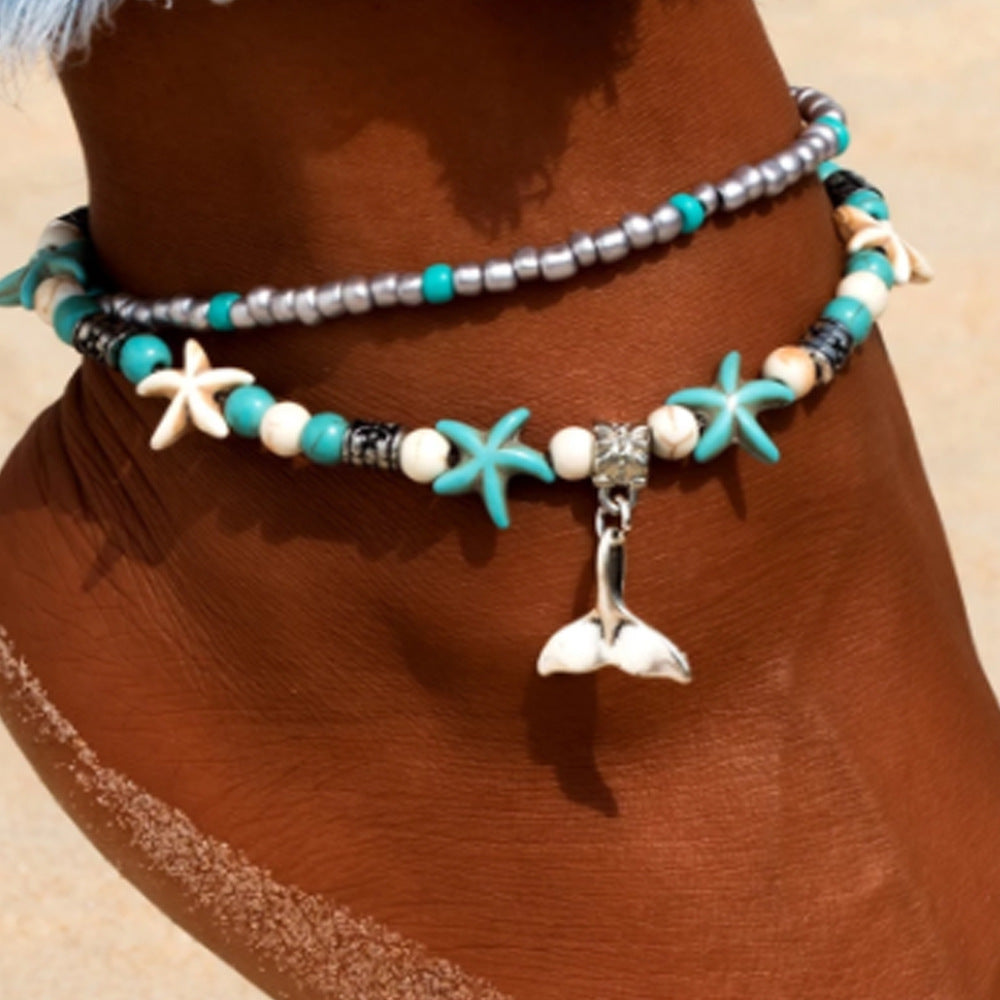 Wholesale Turquoise Starfish Sea Turtle Beach Style Retro Double Layer Anklet ACC-AS-Gaot004