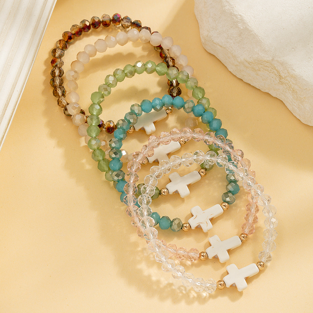 Wholesale retro ethnic style cross crystal gold bead elastic bracelet