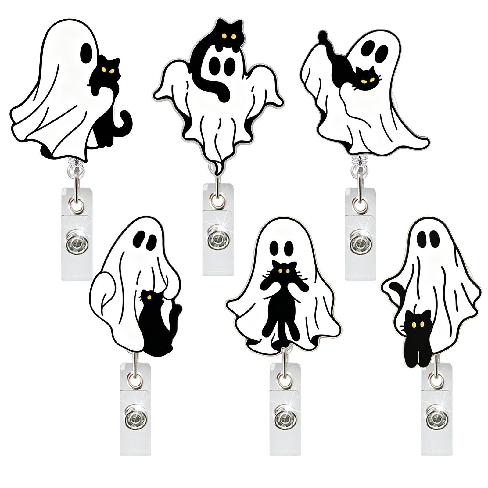 Wholesale Acrylic Retractable Badge Holder:  Ghost Black Cat Design,  Decorative Gift for Medical Staff
