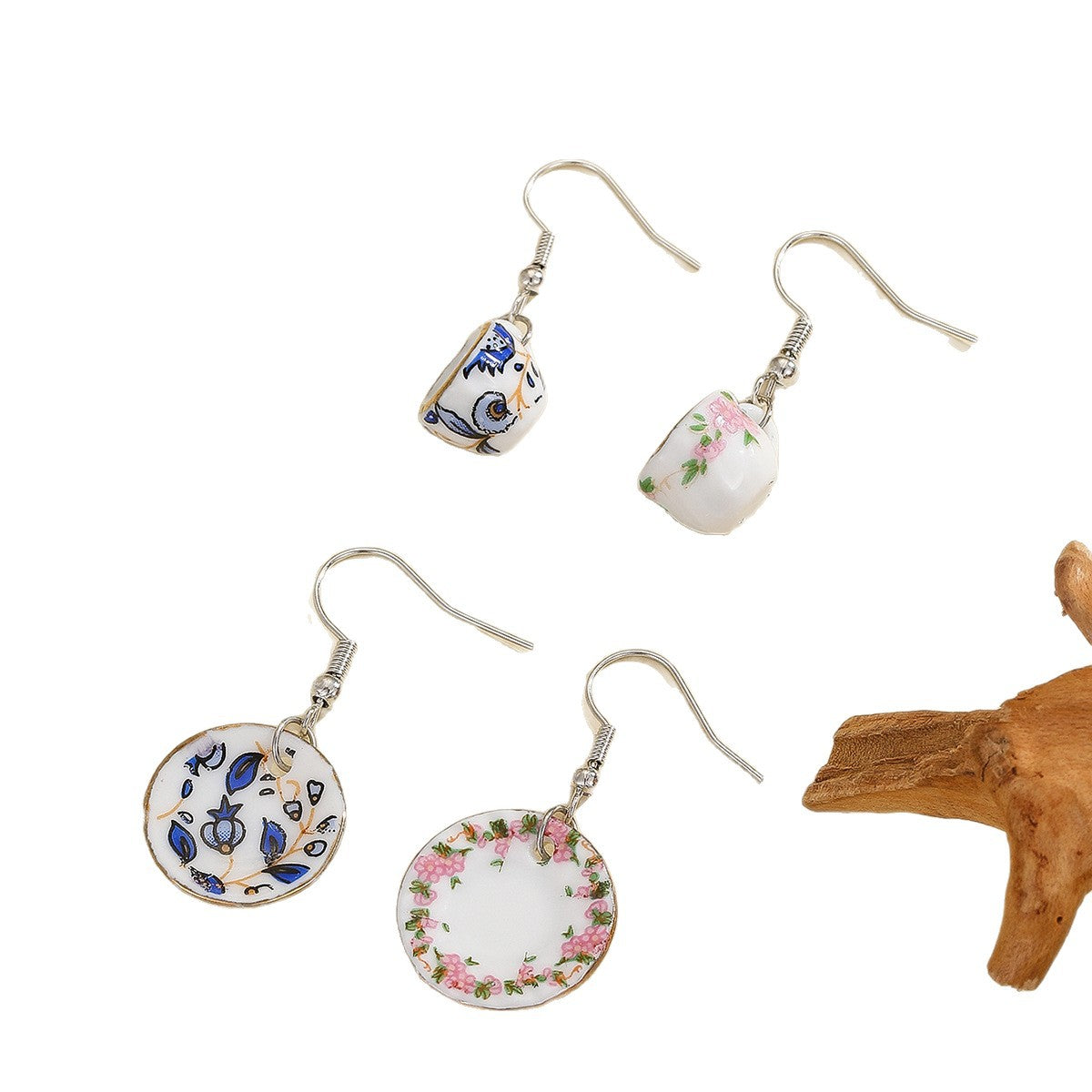 Wholesale Cup and Plate Shaped Ceramic Blue and White Porcelain Earrings
