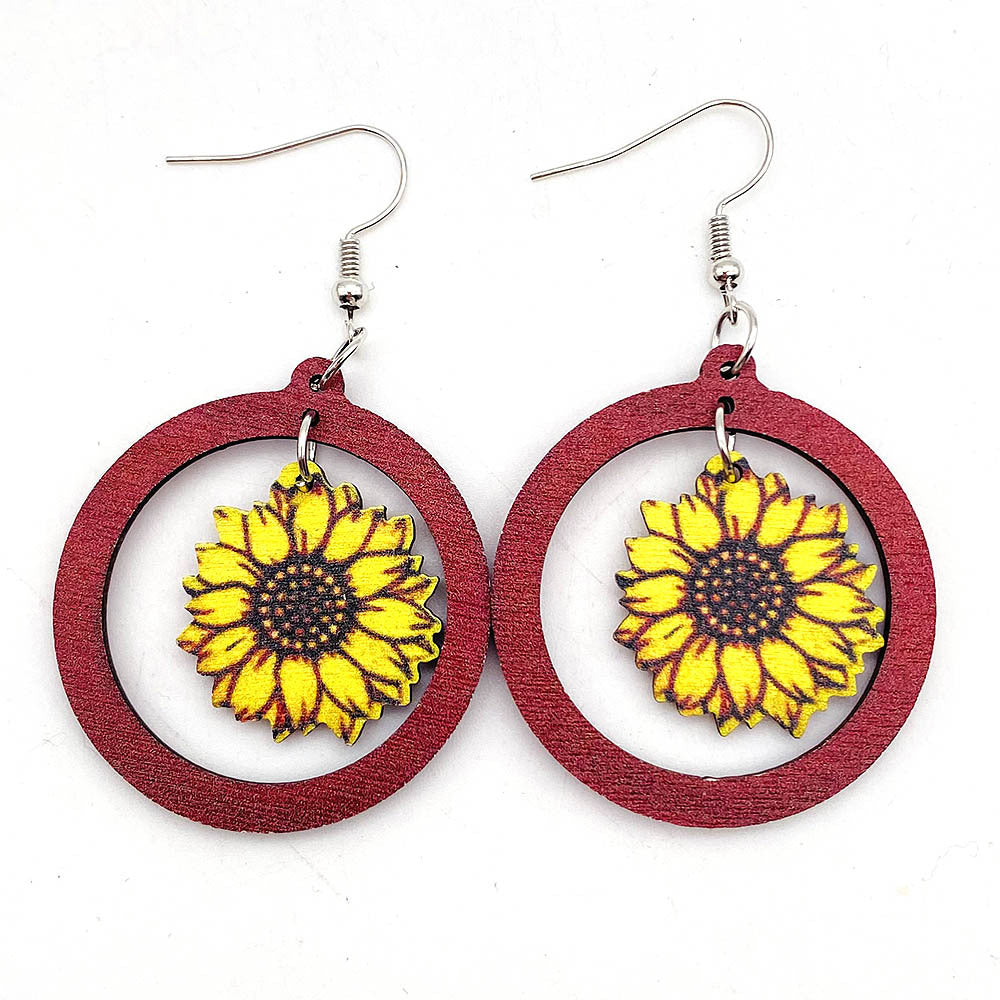 Wholesale Vintage Wooden Western Bullhead Sunflower Bohemian Earrings