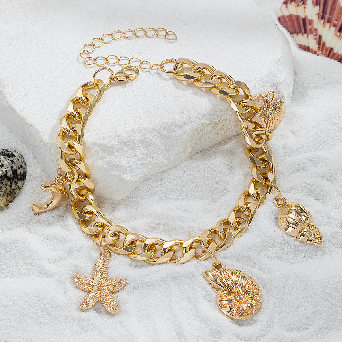 Wholesale Alloy starfish dolphin conch scallop thick chain alloy anklet