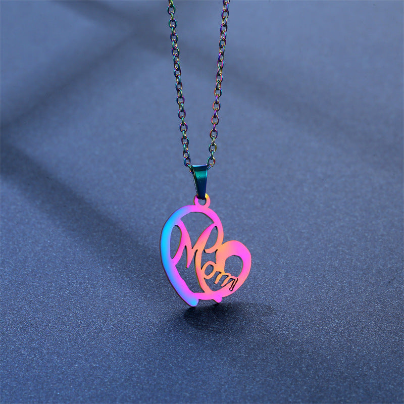 Wholesale Colorful Hollow Glossy MOM Titanium Steel Pendant Stainless Steel Earrings Necklace Set Mother's Day ACC-ES-MinM020