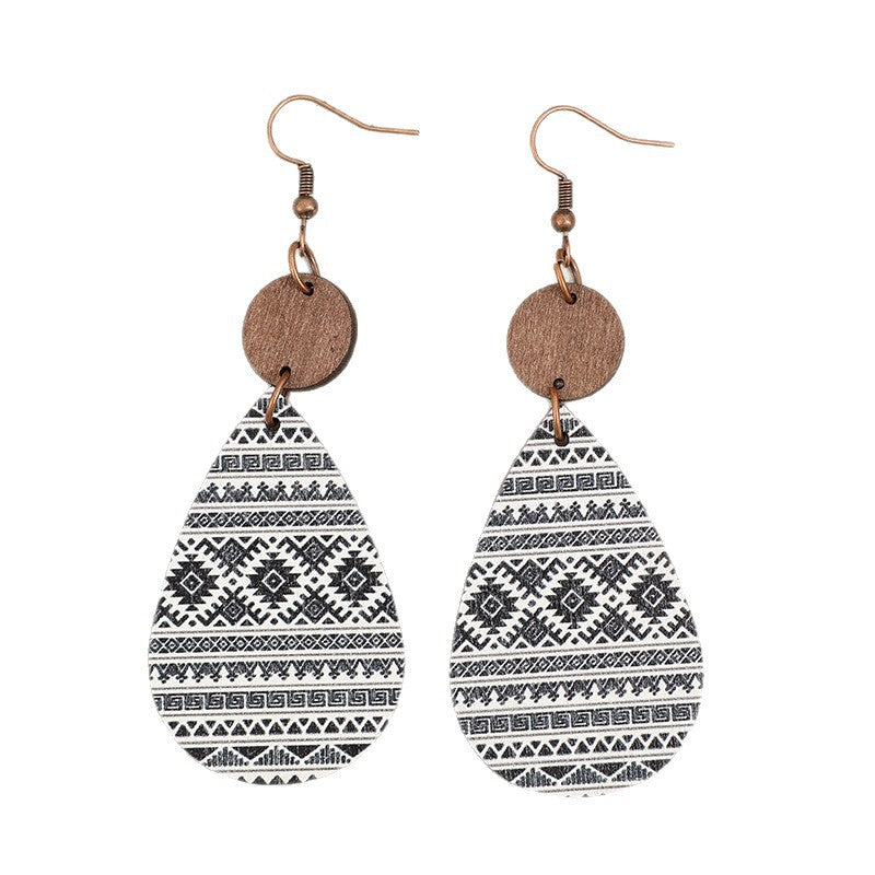 Wholesale Bohemian vintage style teardrop-shaped printed diamond-patterned wooden earrings
