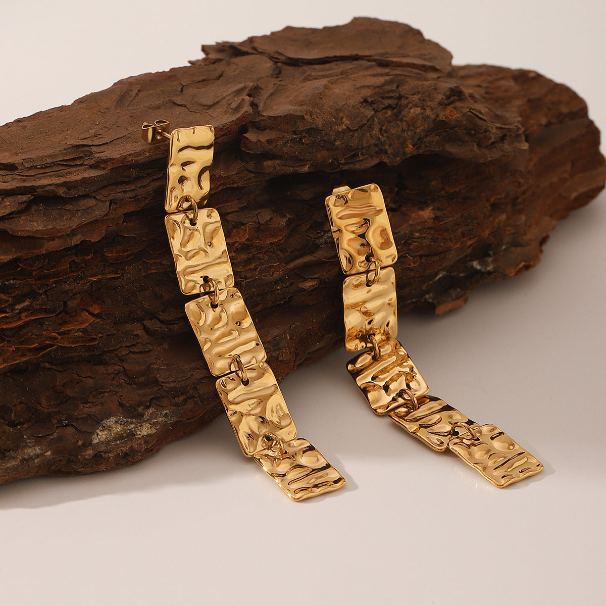 Wholesale  Stainless Steel 18K Gold Square Lava Pattern Long Tassel Earrings