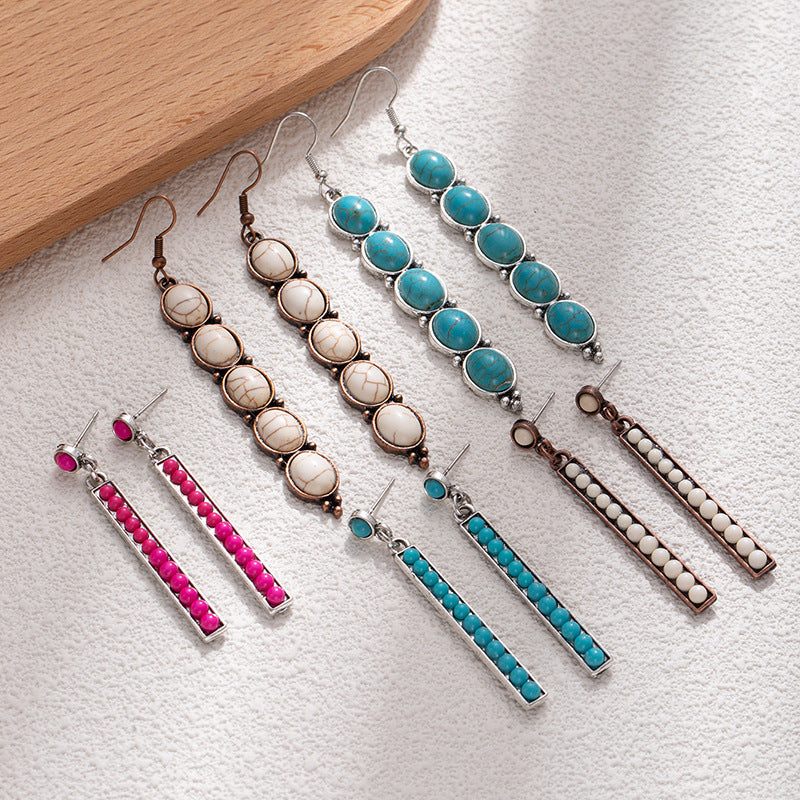 Wholesale Retro long exaggerated earrings for women alloy inlaid with white turquoise long earrings