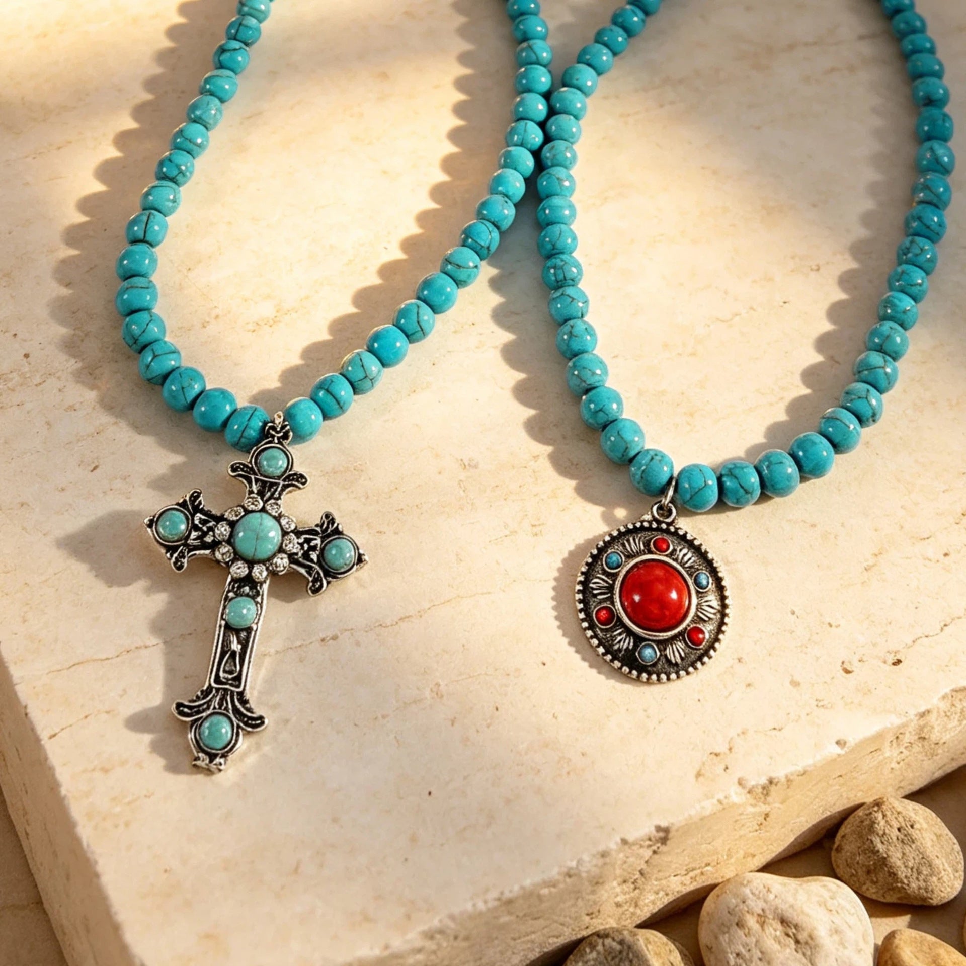 Wholesale Vintage Turquoise Red Stone Cross Pendant Necklace For Women Retro Collarbone Chain Jewelry Accessory