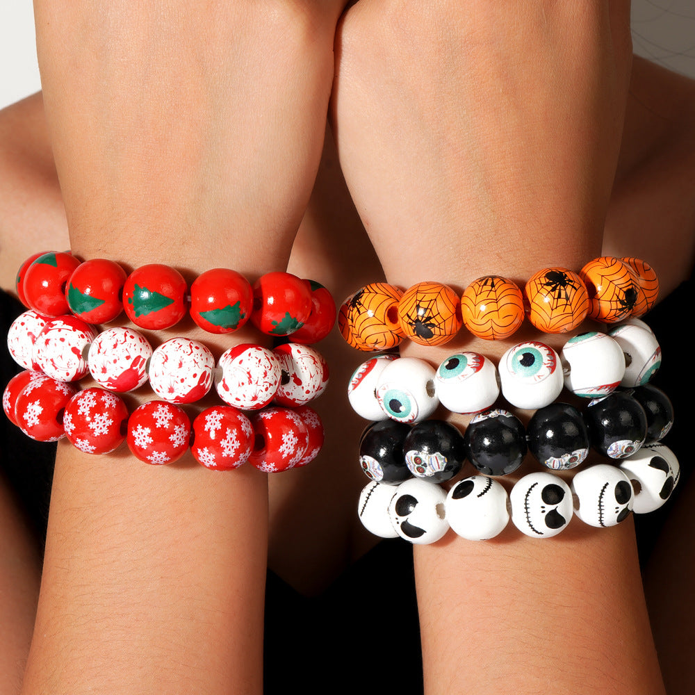 Wholesale  ghost face white background printed wooden bead elastic bracelet