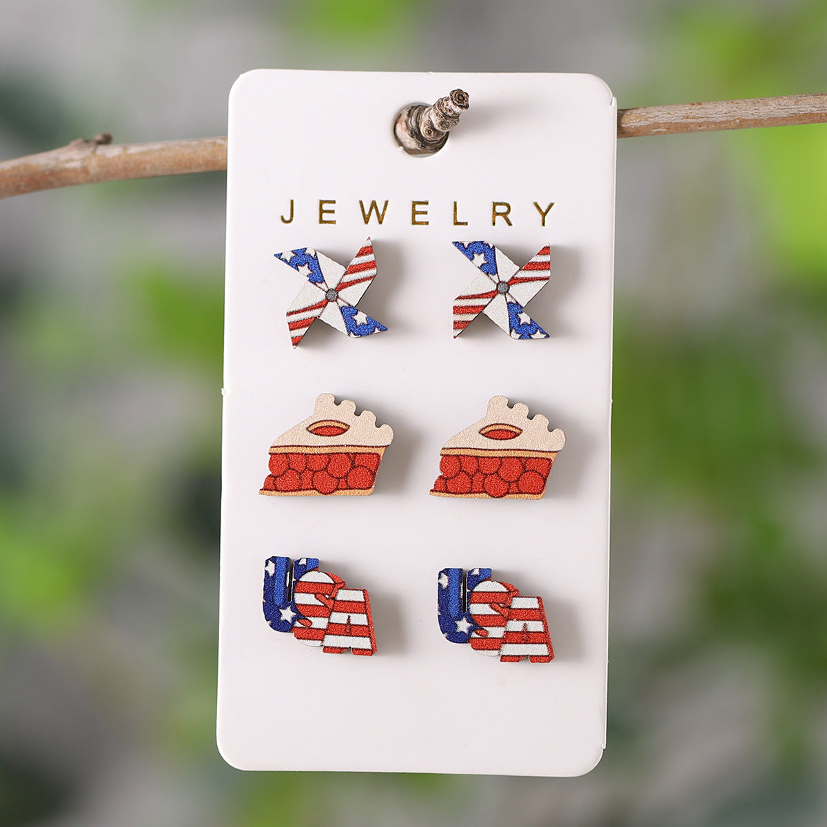 Wholesale Red and White Striped Star Slippers Love American Independence Day Wooden Earnail Set ACC-ES-ChuLian010