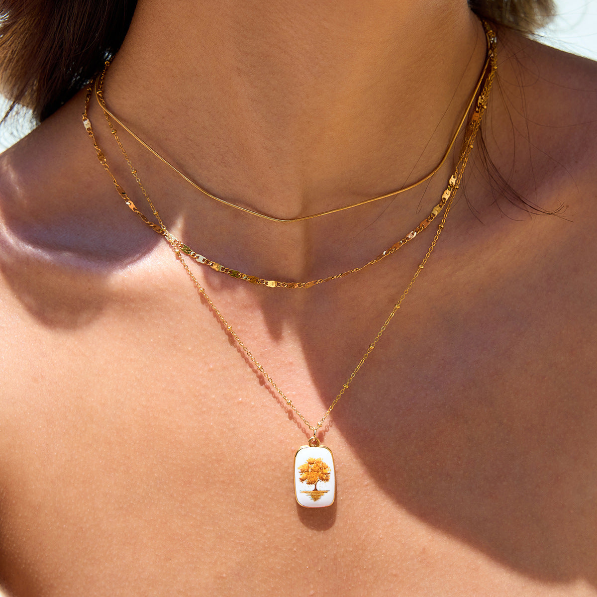 Wholesale 18K Gold Stainless Steel Three-Layer Printed Tree of Life Multi-Layer Necklace