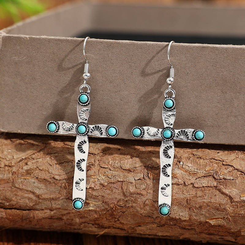Wholesale Stylish Cross Earrings with Turquoise Design,  Alloy Electroplated Jewelry Accessory for Party and Gift