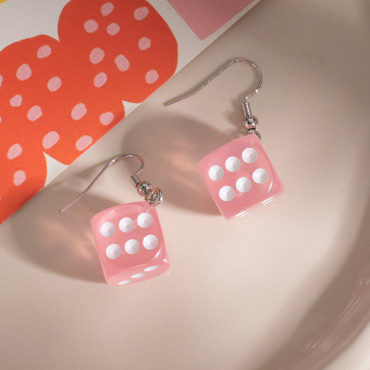 Wholesale Creative Three-dimensional Resin Pink Dice Ear Hook Light Luxury Earrings