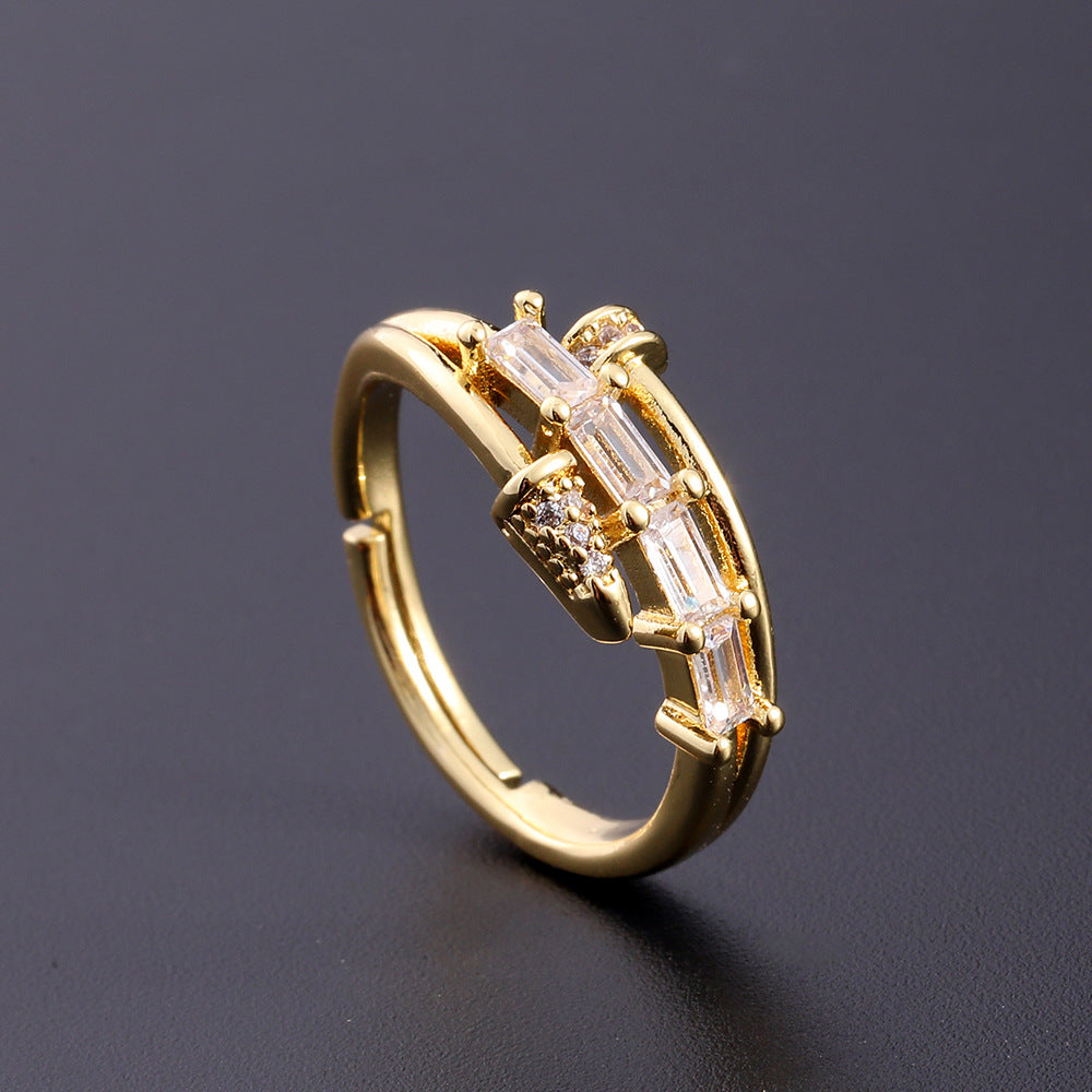 Wholesale European Fashion Sparkling Gold Plated Copper Zircon Open Ring Geometric Chic Jewelry Accessory Gift