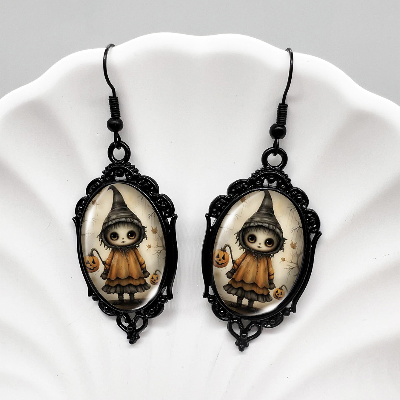 Wholesale Halloween Crow Skull Oval Lace Witch Pumpkin Black Cat Moon Metal Earrings ACCVIP-ES-XiangLian006