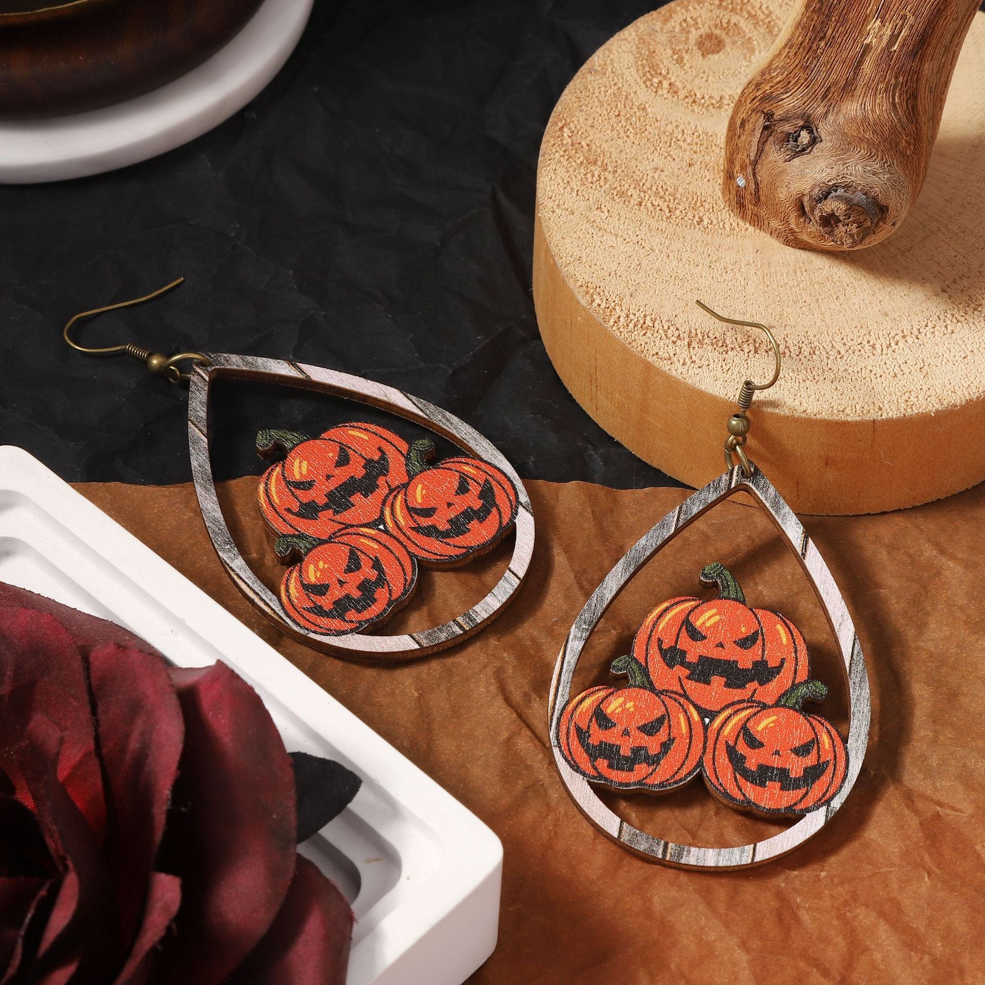 Wholesale  wooden printed water drop pumpkin head earrings