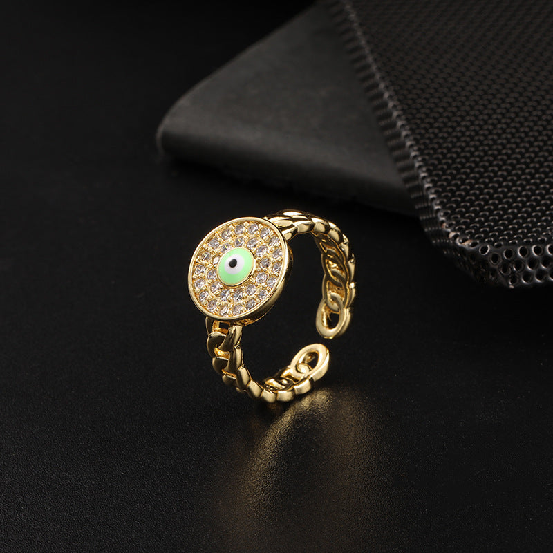 Wholesale Stylish Women S Open Ring With Colorful Enamel Zircon Eye Design Copper Electroplating Chic Jewelry Accessory For Gift And Resale