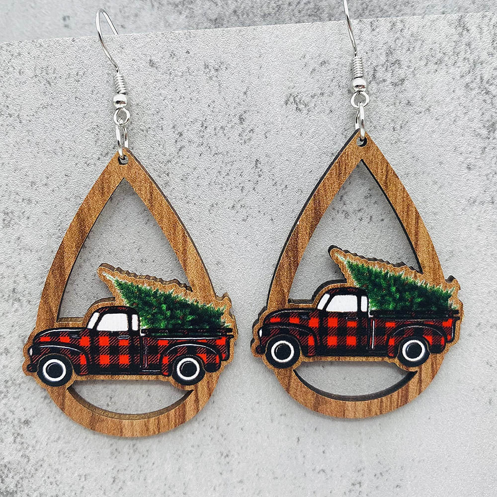 Wholesale Christmas Santa Claus Bell Red Car Water Drop Wood Earrings ACC-ES-ChenY061