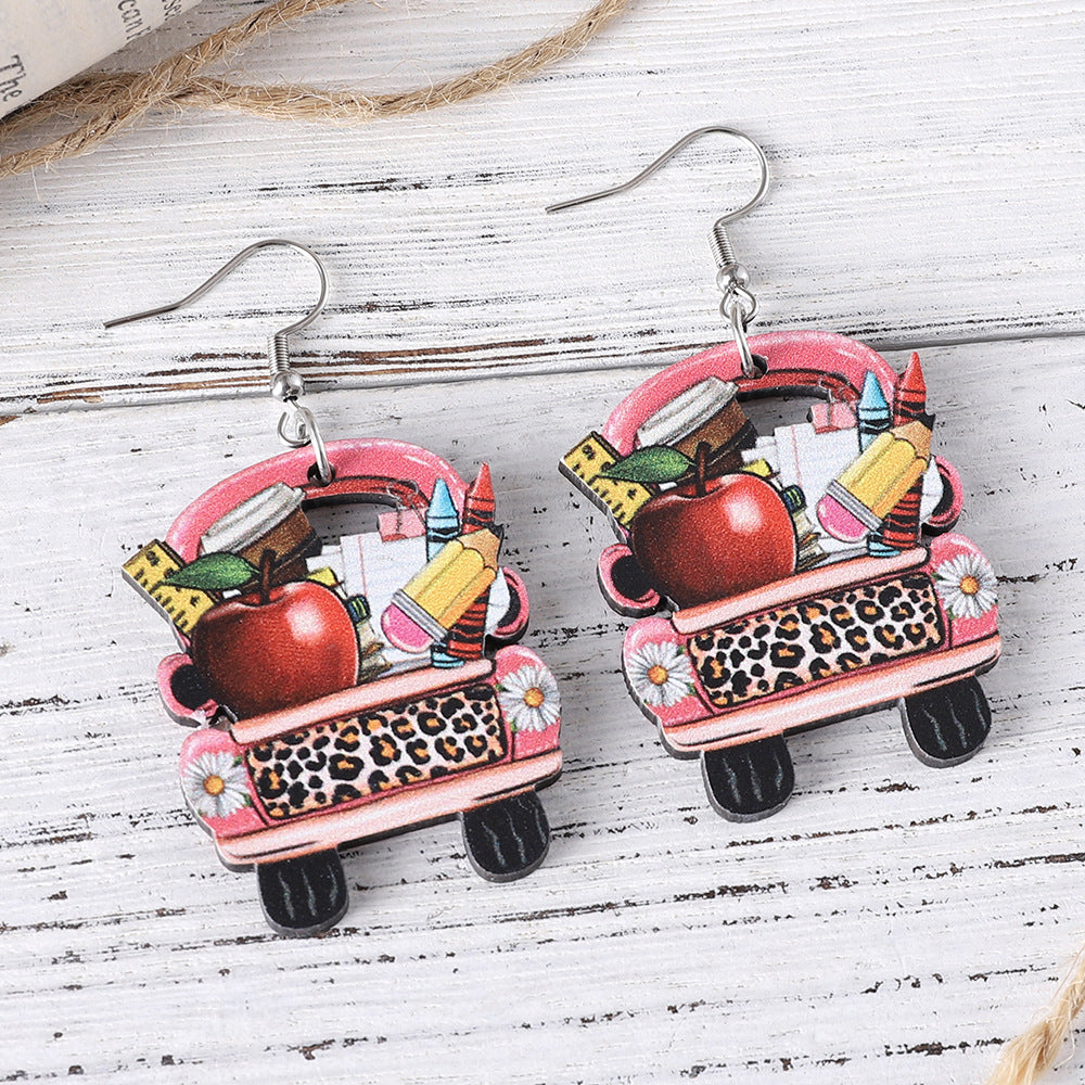 Wholesale Back To School Season Pencil Apple Crayon Wood Double Sided Earrings ACC-ES-ChuLian093