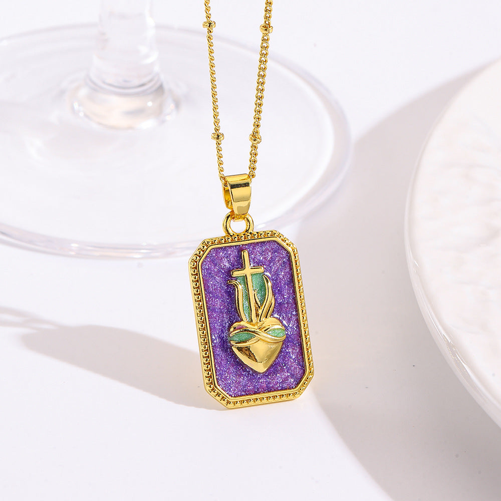 Wholesale square color dripping copper love conch shell eye moon jellyfish tarot pendant necklace