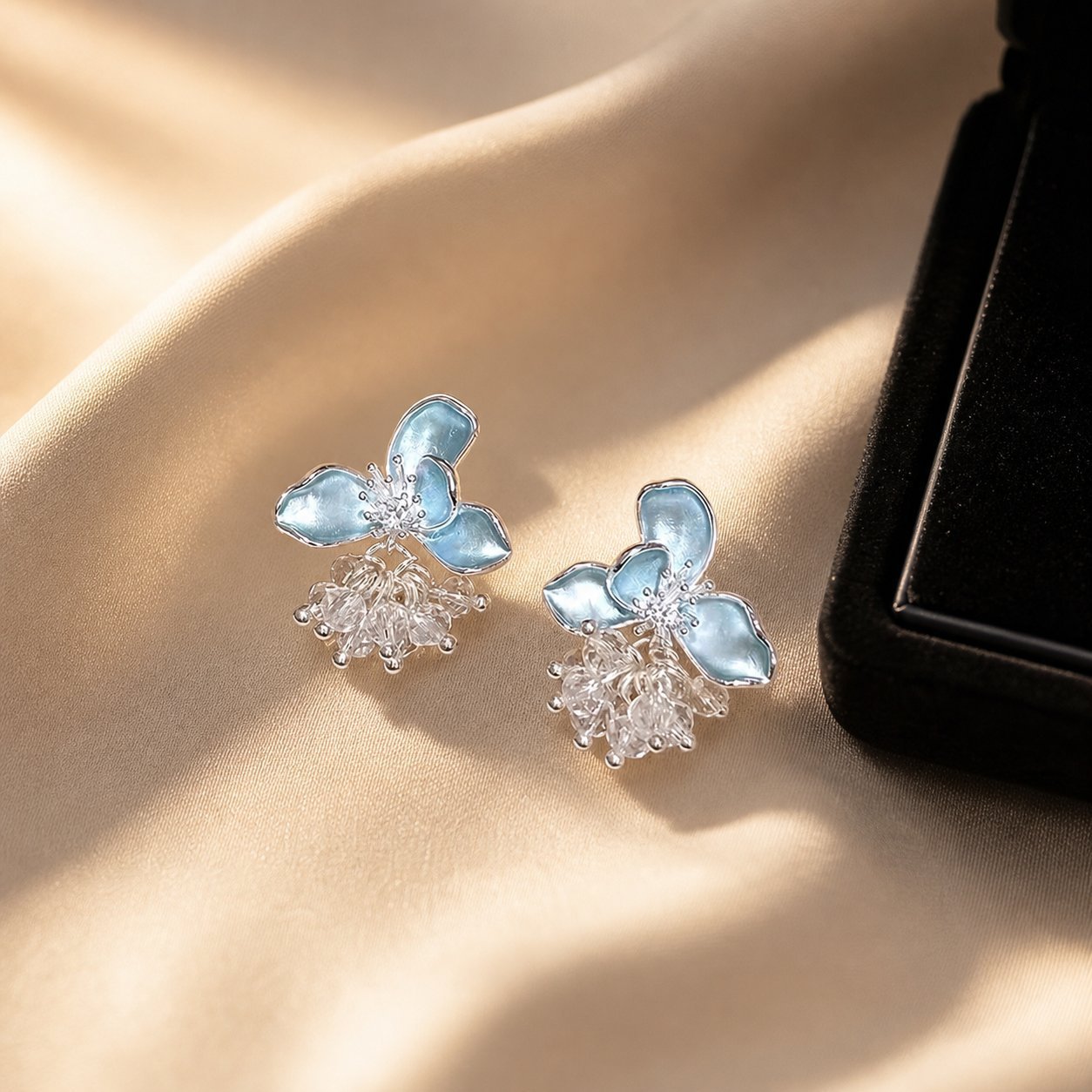Wholesale French Blue Oil Drop Flower Earrings with Tassels Alloy Jewelry Accessory