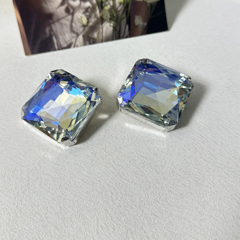 Wholesale Square Octagonal Glass Moonlight Crystal Large Solitaire Earrings