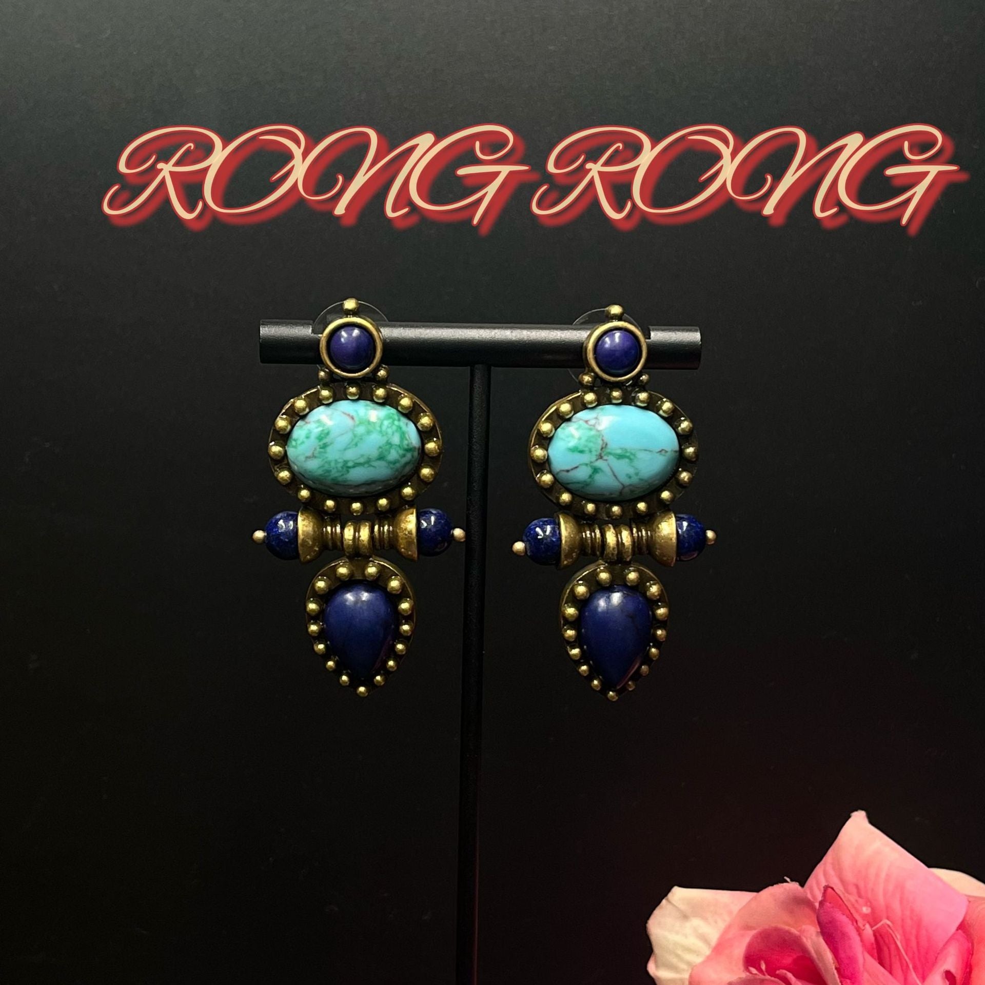 Wholesale Vintage European and American Turquoise Blue Pattern Natural Stone Pendant Earrings
