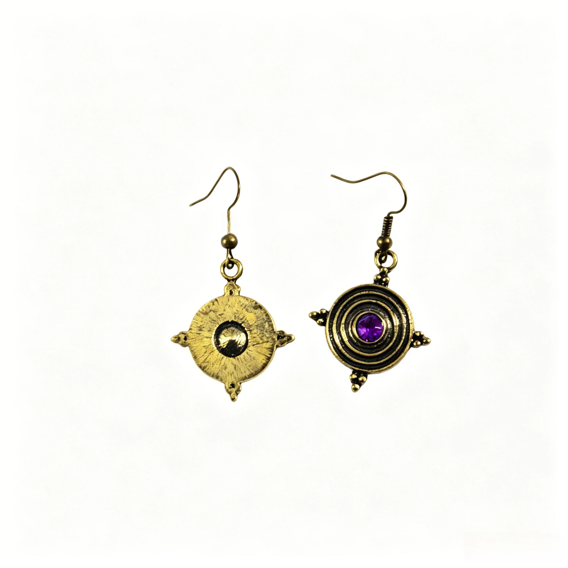 Wholesale Retro Gold Sun Cross Earrings with Purple Gemstone,  Party Wear for Women