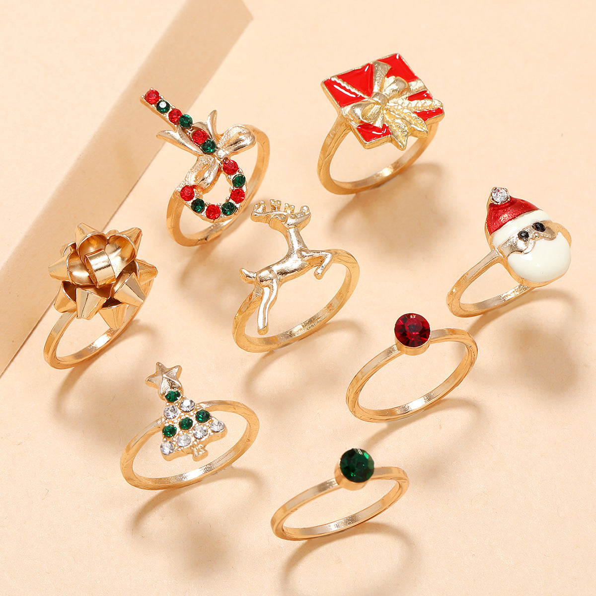 Wholesale  8-Piece Set Christmas Ring Dot Diamond Christmas Tree Scepter  Bow Elk Ring