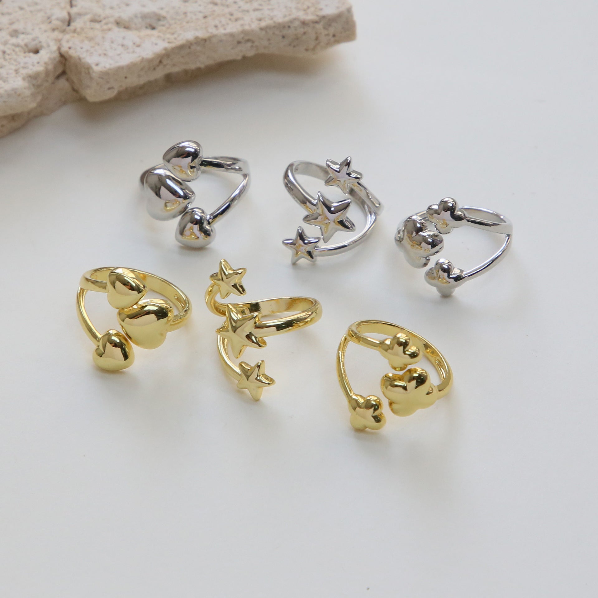 Wholesale High-End Brass Color-Preserving Glossy Large and Small Love Heart-Shaped Star Flower-Shaped Fashion Open Ring