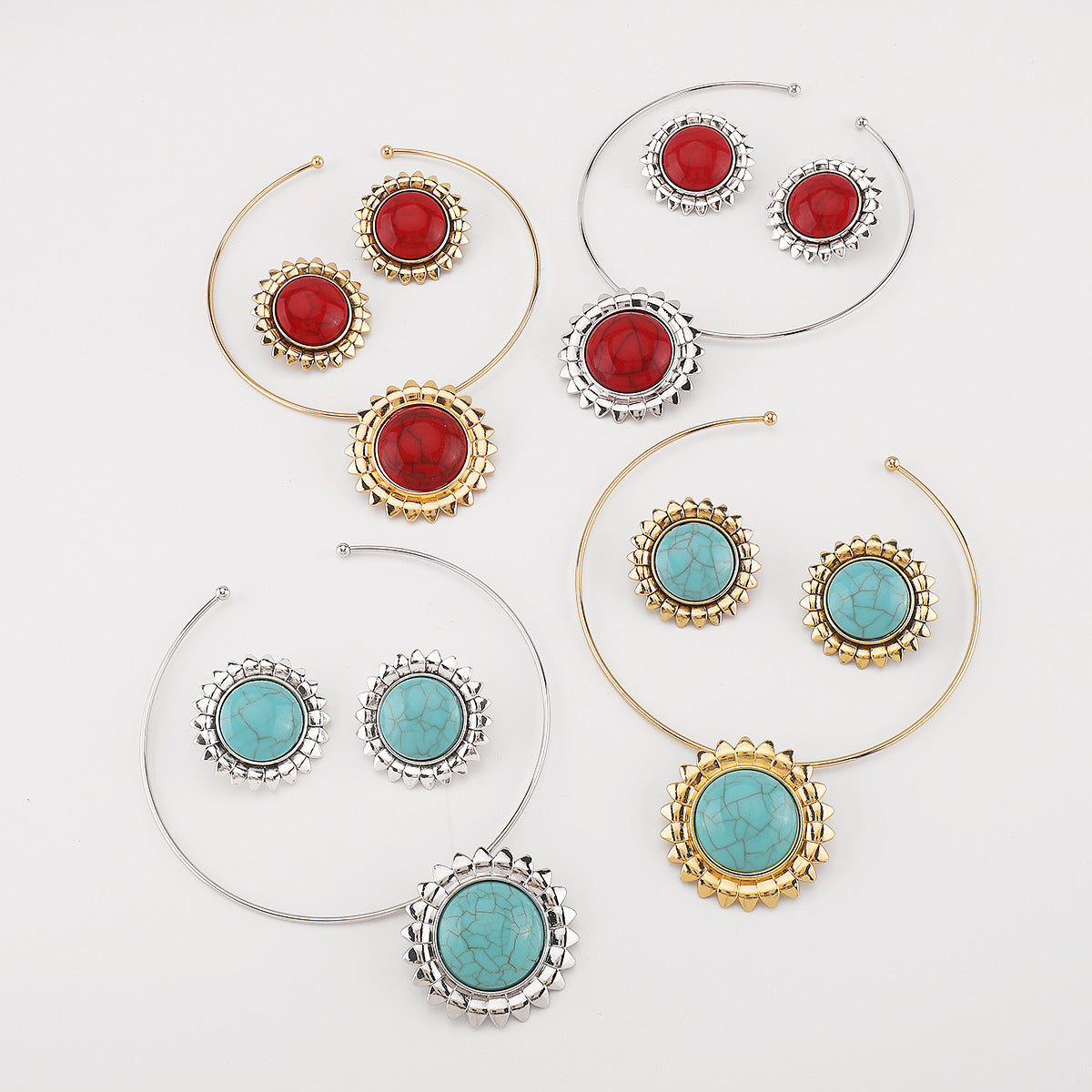 Wholesale  round turquoise inlaid flowers metal earrings collar light luxury necklace stud earrings
