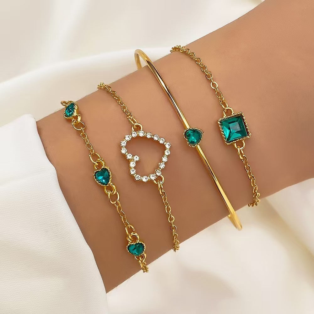Wholesale Simple Emerald Green Diamond Bracelet Set - 4-Piece Elastic Snake Chain Bracelets for Women Fashion Accessory