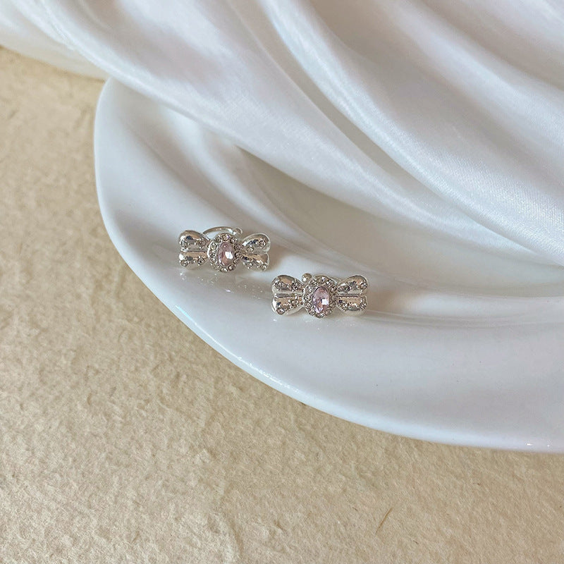 Wholesale Pink Zircon Bow Ear Clip Earrings