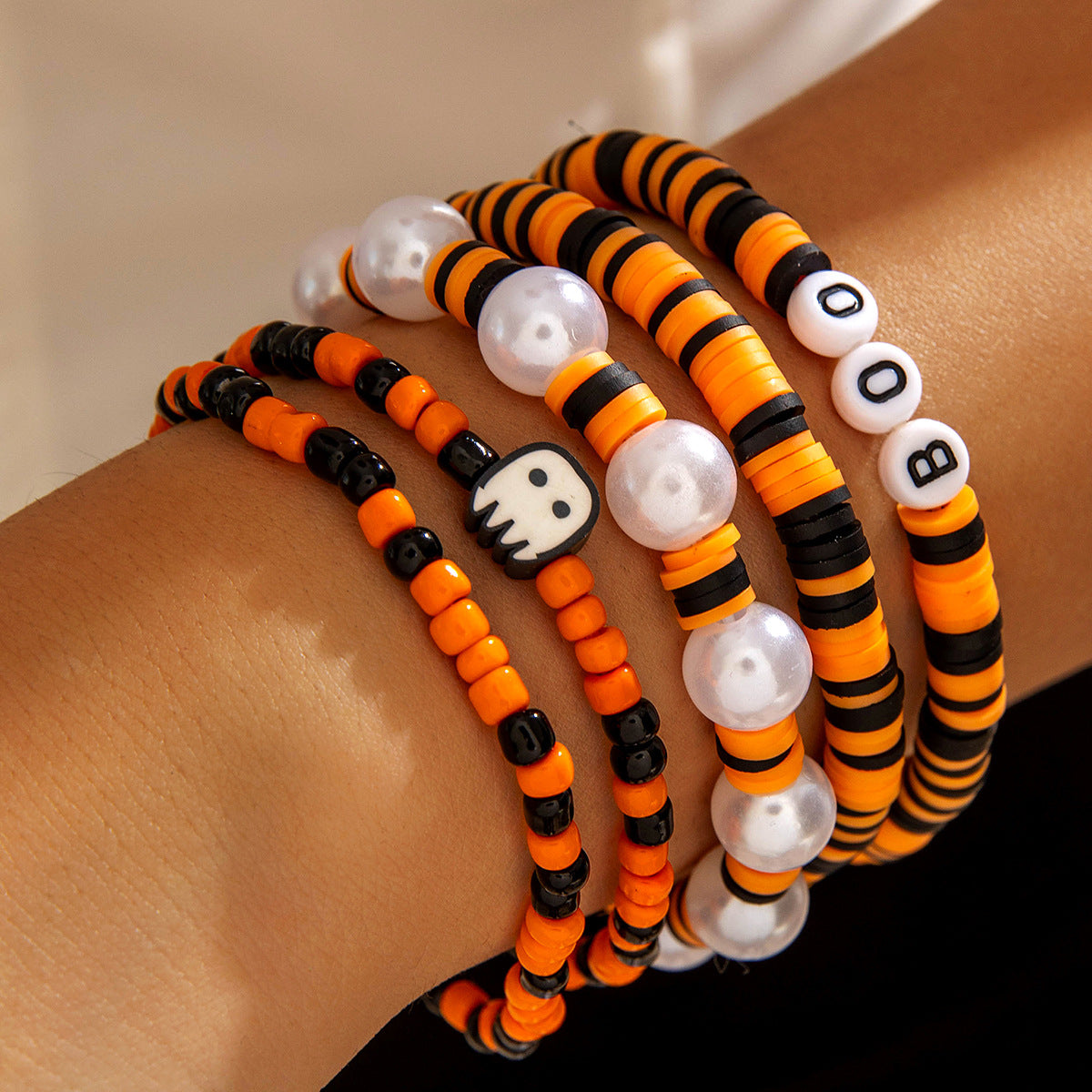 Wholesale  Cartoon Funny Ghost Pumpkin Color Elastic Bead Bracelet Set