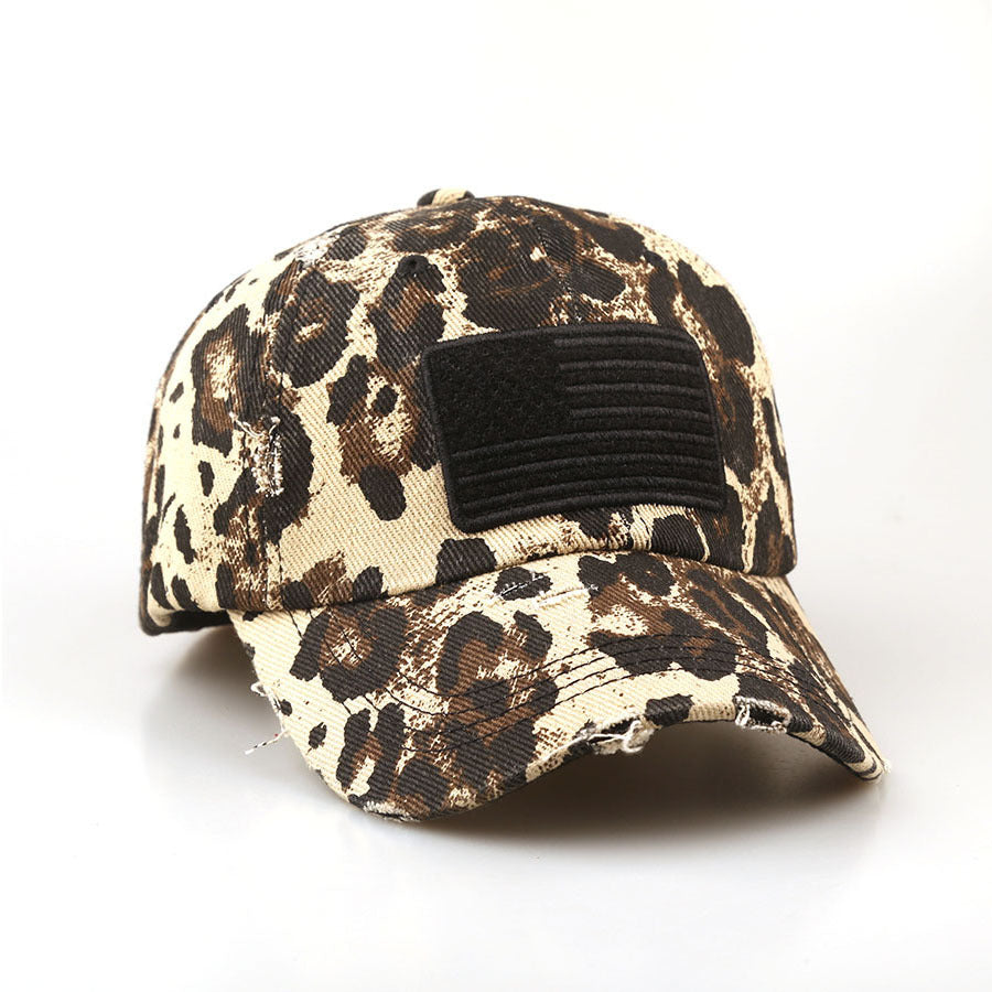Wholesale Vintage Leopard Print Denim Baseball Cap with Flag Patch,  Retro Fashion Accessory,  Everyday Casual Gift