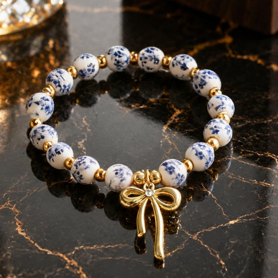 Wholesale Vintage Blue and White Porcelain Ceramic Bracelet Cross Pendant Bow Fashion Jewelry Gift