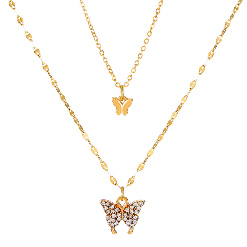 Wholesale Diamond Double Layer Butterfly Necklace Clavicle Chain Choker Necklace ACC-NE-MY007
