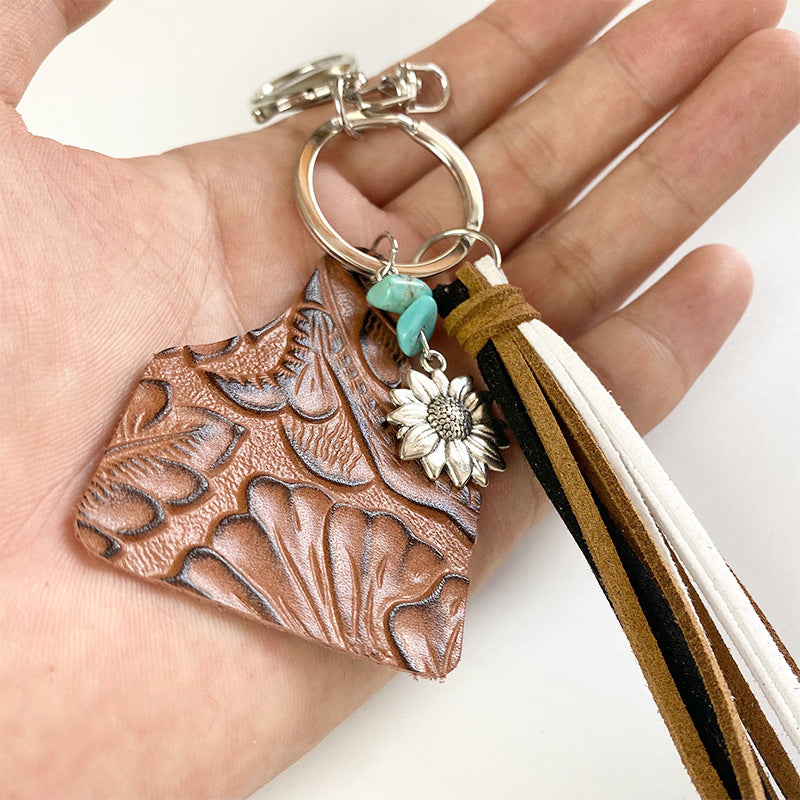 Wholesale Western Style Leopard Fringe Pinestone Sunflower Keychain ACC-KC-HY011