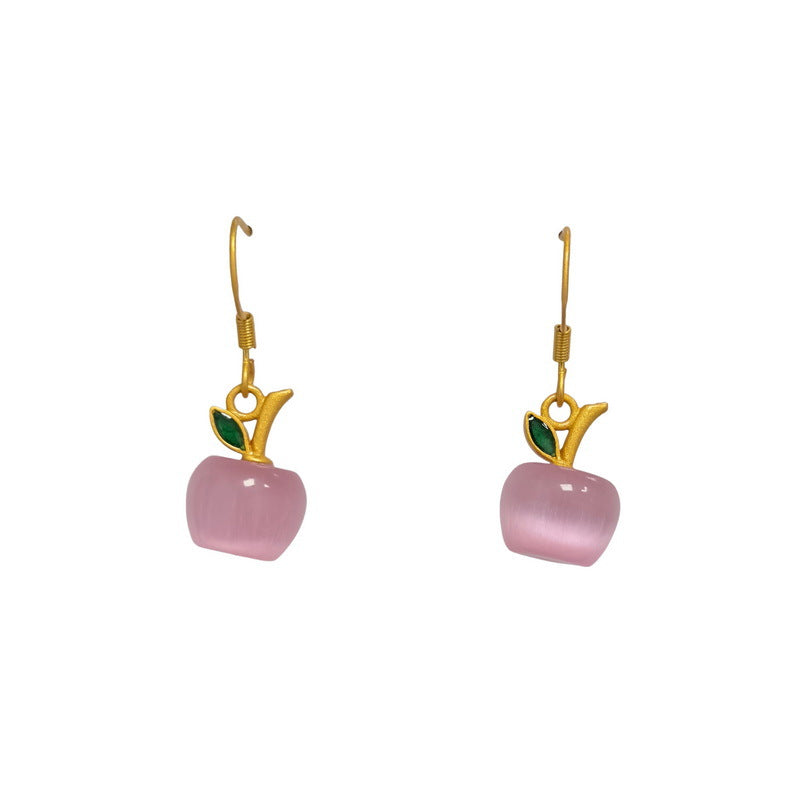 Wholesale Gold Leaf Pink Crystal Apple Ear Hook Cat's Eye Apple Necklaces Earrings