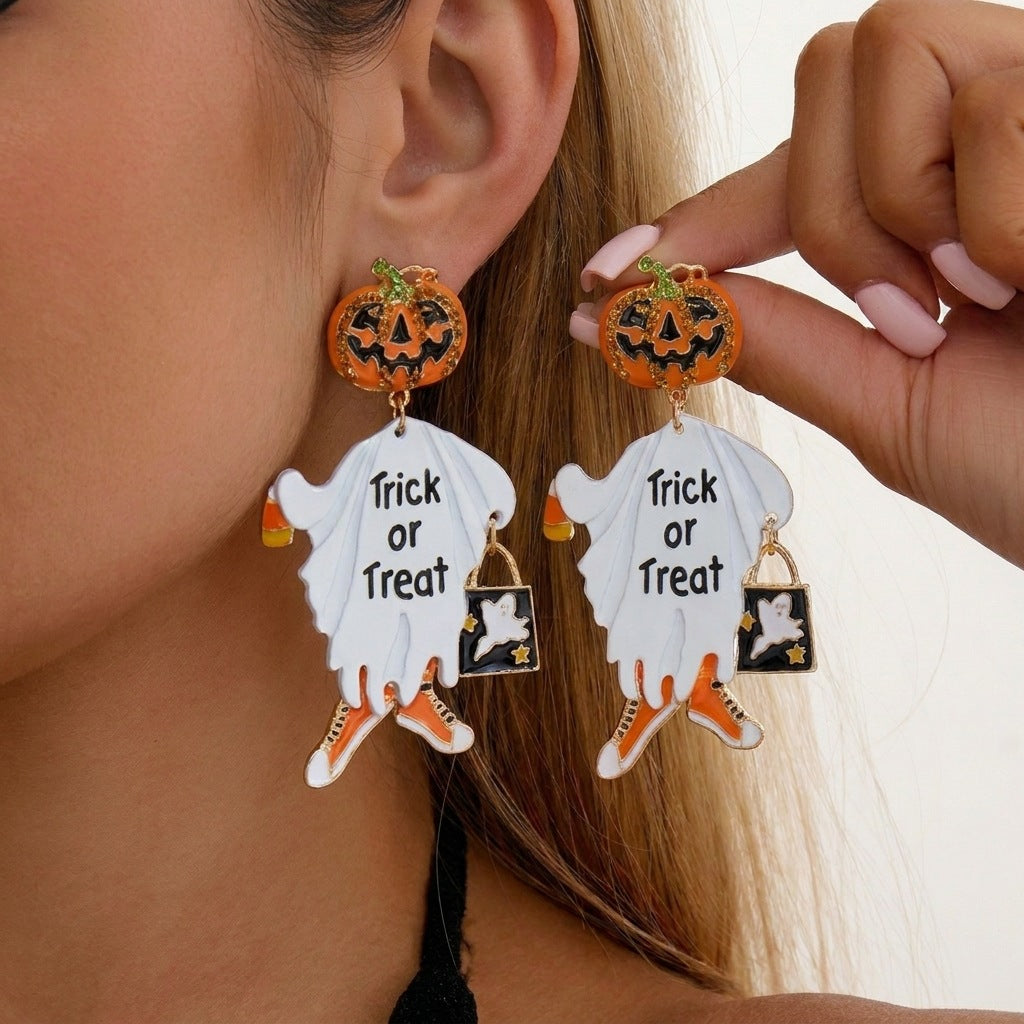 Wholesale  Ghost Pumpkin Earrings with Rhinestone Tassel,  Asymmetric Alloy Ear Studs for Women,  Fashion Accessory for Resale