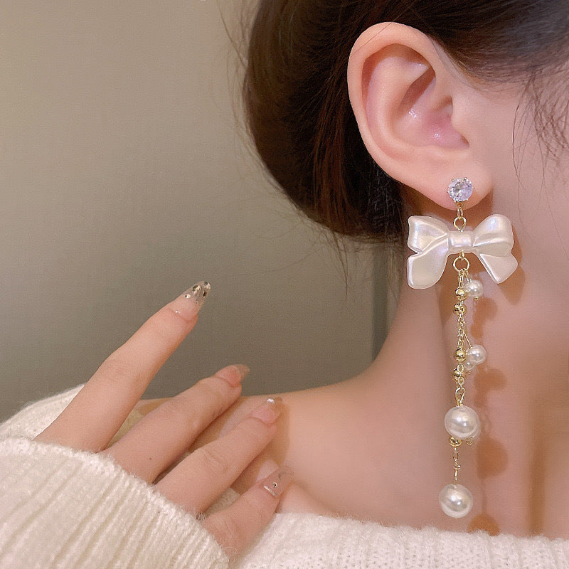 Wholesale  Retro Long Bow Pearl Tassel Earrings