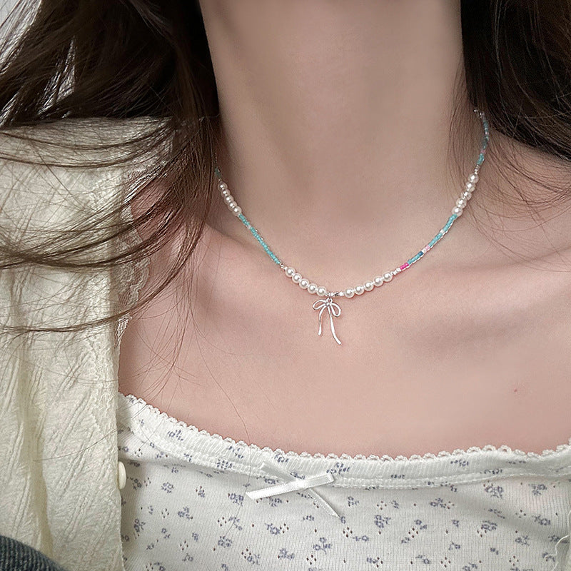 Wholesale Summer Colorful Pearl and Bowknot Choker Necklace