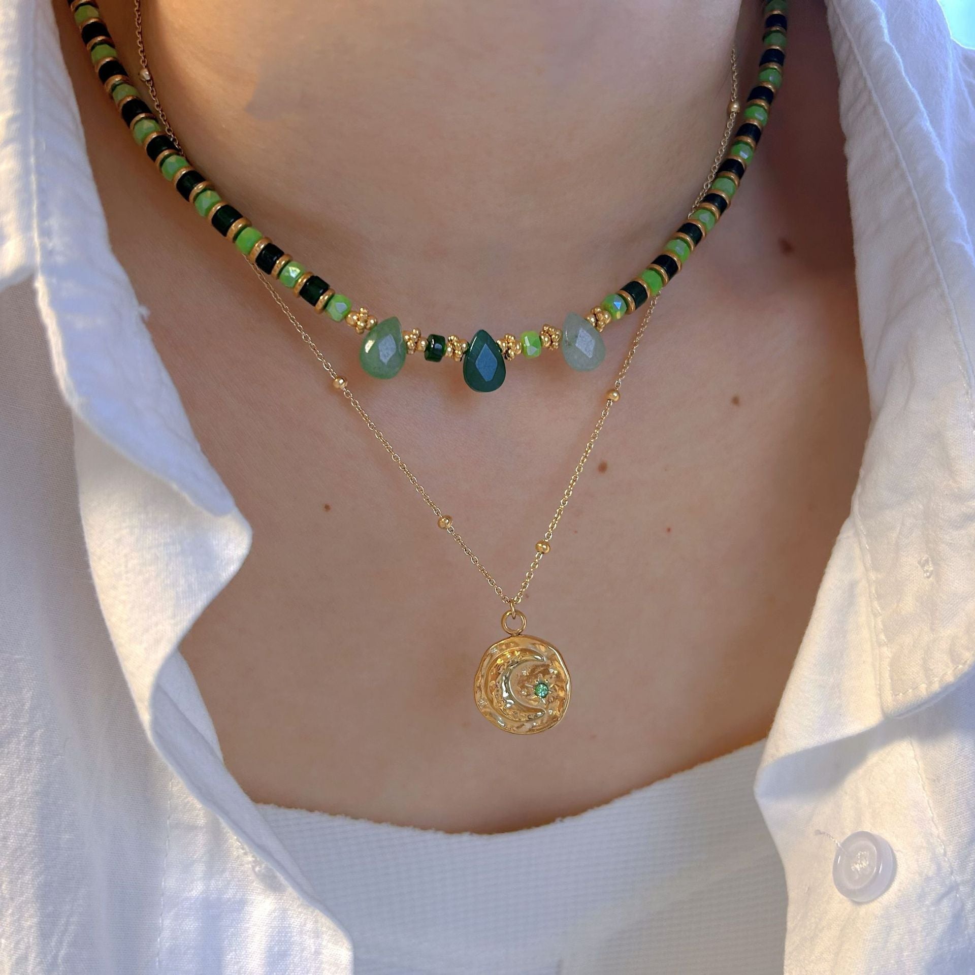 Wholesale Natural Stone Steel Beaded Necklace  Moon Pendant Stainless steel Necklace