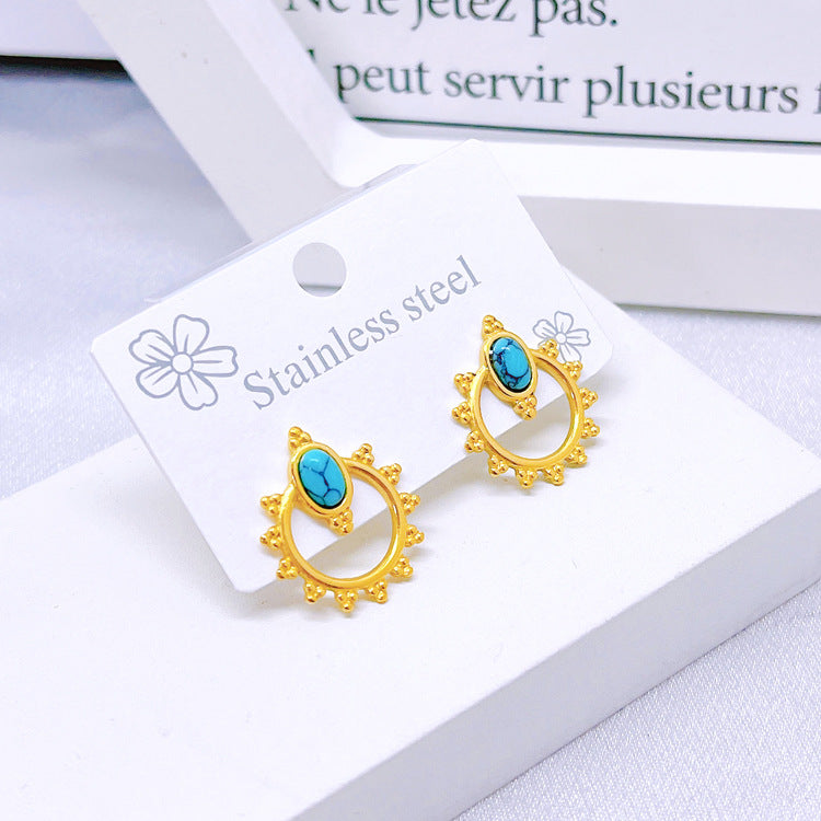 Wholesale Titanium Steel full diamond round pendant mid-length flower earrings